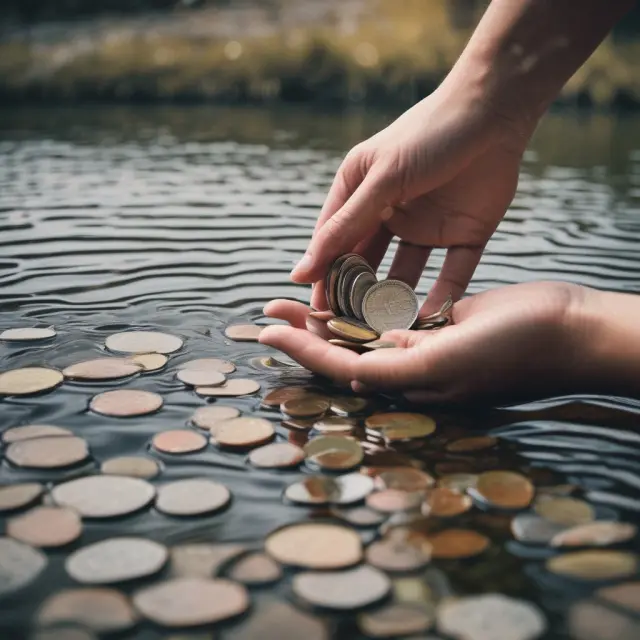 Hand releasing coins into a river with a shield – representation of advance payment guarantees securing investors