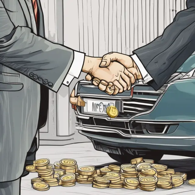 Car manufacturer and dealer engaging in an exchange of advance payment tokens, symbolizing business collaboration.