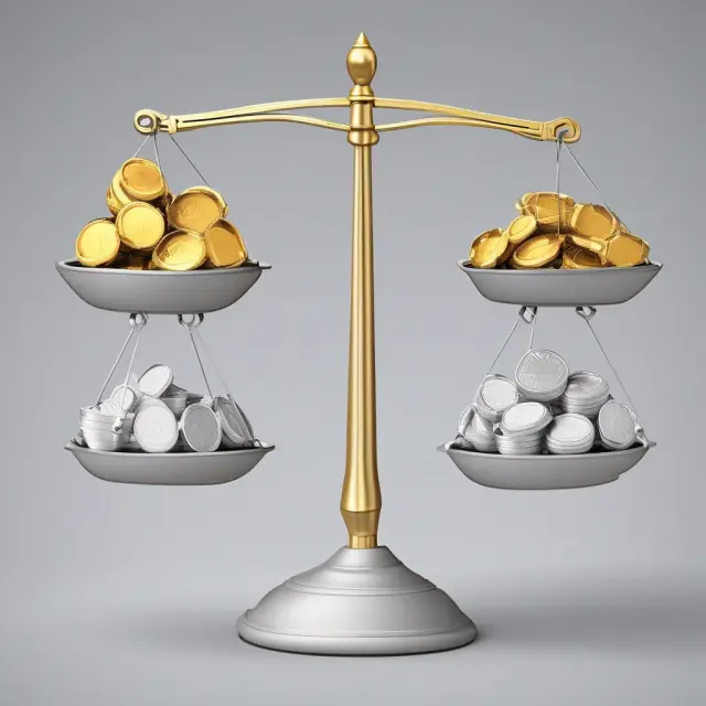 A balance scale illustrating the pros (gold coins) and cons (silver coins) of advance payments.