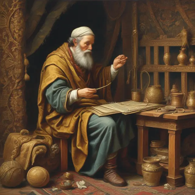 Old merchant crafting a tapestry representing frequently asked questions and answers regarding advance payments