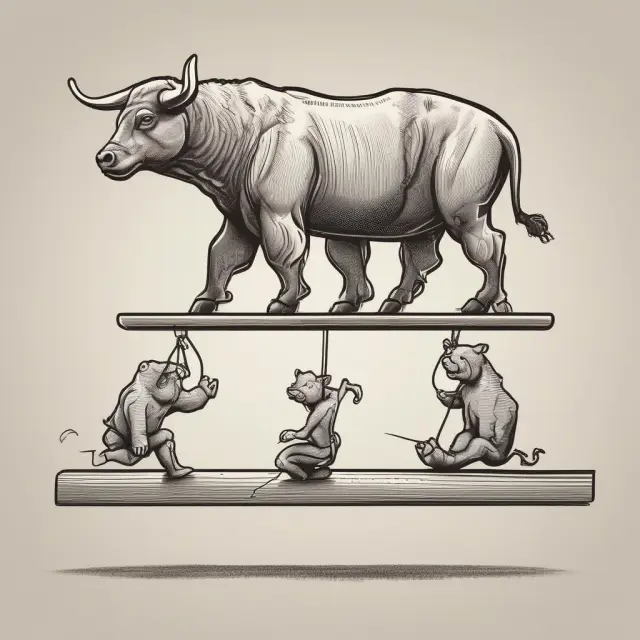 A metaphorical image of a bull and bear on a seesaw representing the net advance/decline line in stock market analysis