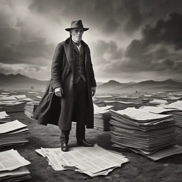 Time traveler exploring intricate legal papers on a journey through the complexities of adverse possession