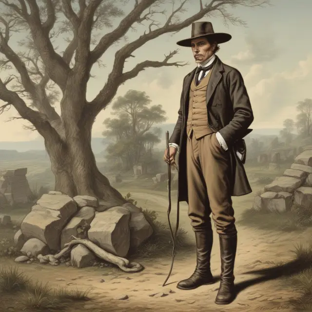 A person symbolizing adverse possession travels between state symbols, gathering ownership after the required time.