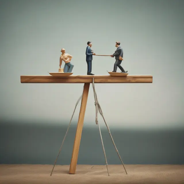 See-saw representing asymmetric information in insurance: insurer with risk assessment data, applicant with hidden risks.