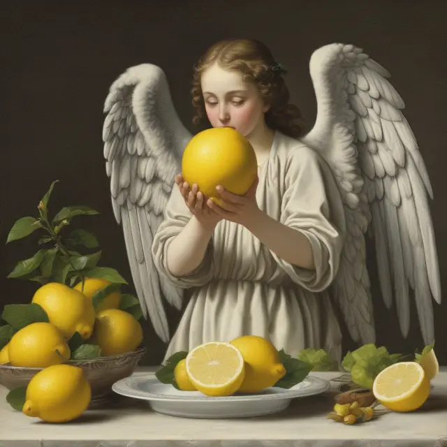 Angel inspecting a lemon to represent consumer protections mitigating the risks of adverse selection in markets