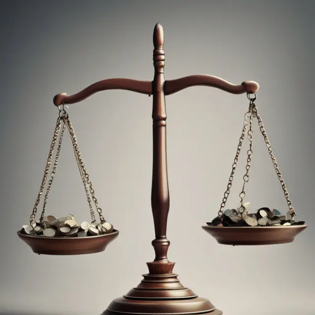 Golden scales with one pan tilting towards investors, representing adverse selection in financial markets. Keywords: Adverse Selection, Financial Markets.