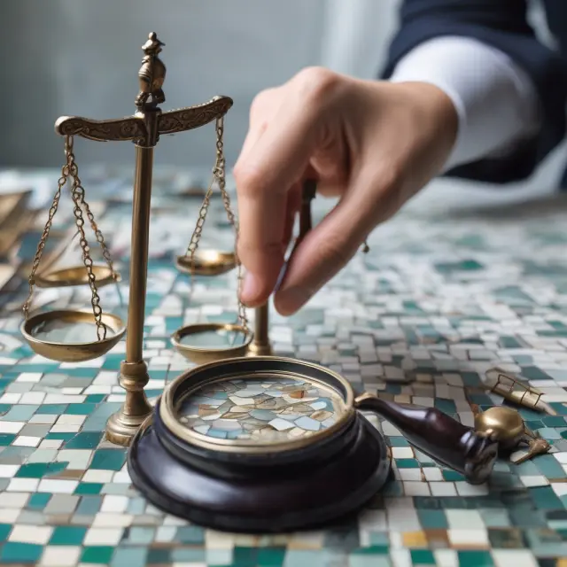 Underwriter analyzing risk factors using scales and magnifying glass to determine premiums for potential policyholders