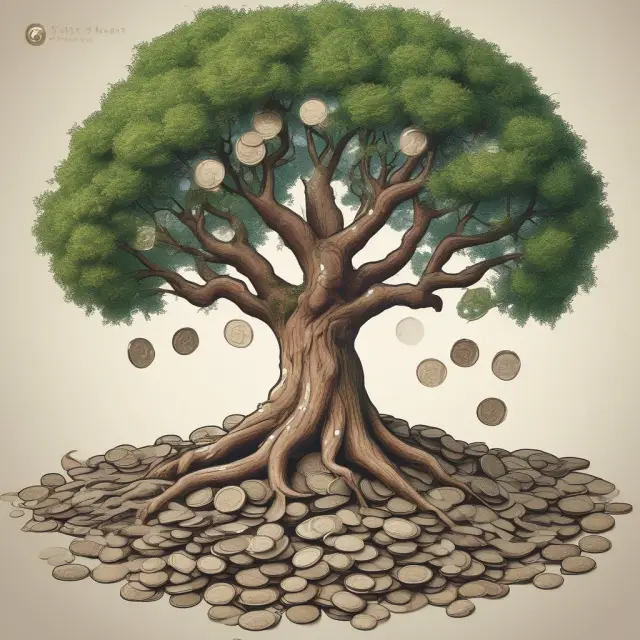 An image of a tree with gold coins sprouting from its branches, symbolizing the concept of compounding and exponential growth in finance.