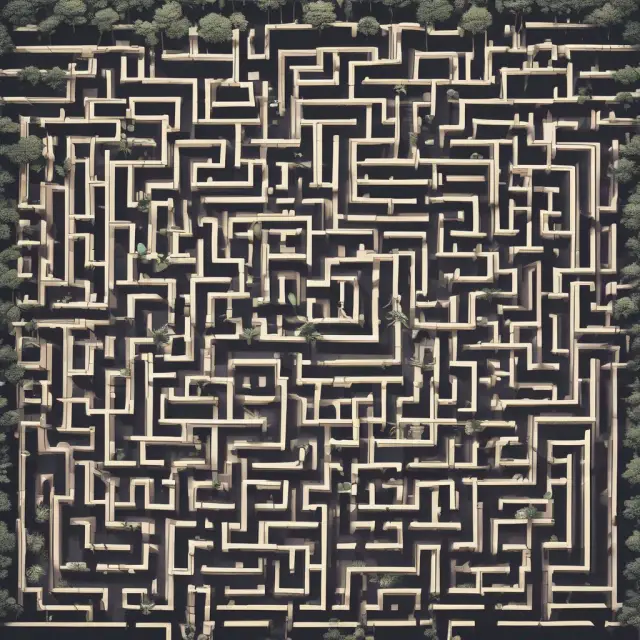 An image of a labyrinth where various AERs are represented as twists and turns. Some sections are blocked by walls representing investment fees.