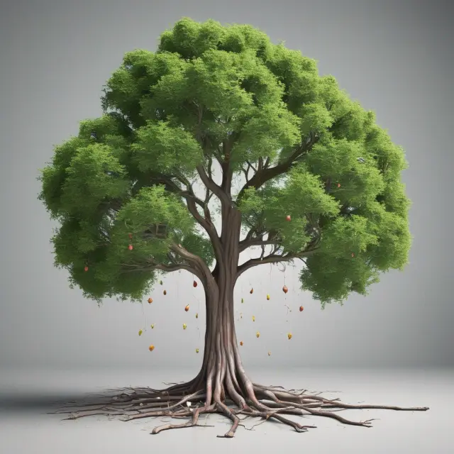 An image of a flourishing tree with multiple branches representing compounding periods, each yielding fruit symbolizing investment returns