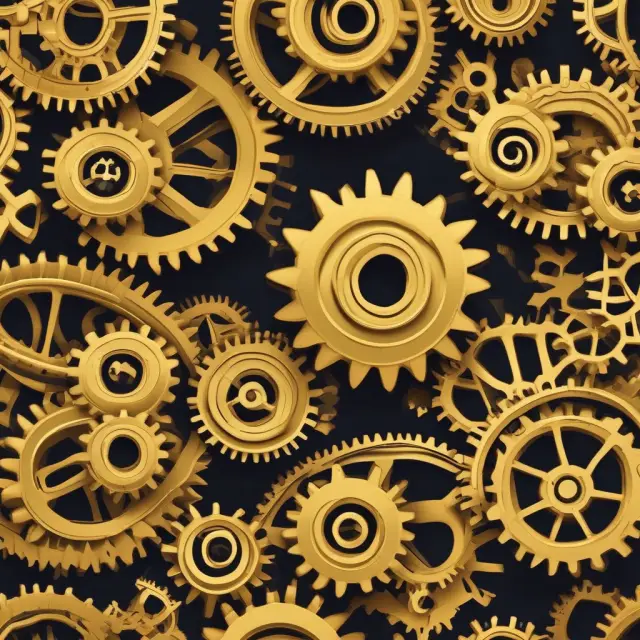 A golden interlocking gear system representing various corporate affiliates and their economic linkages