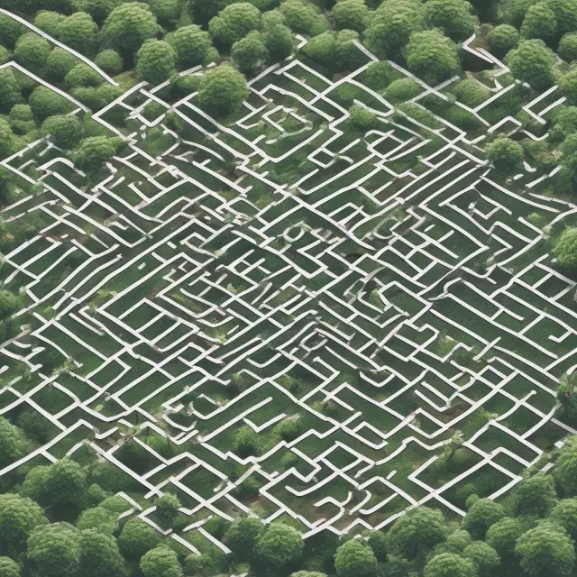 An intricate maze depicting diverse businesses as interconnected branches: Some labeled 