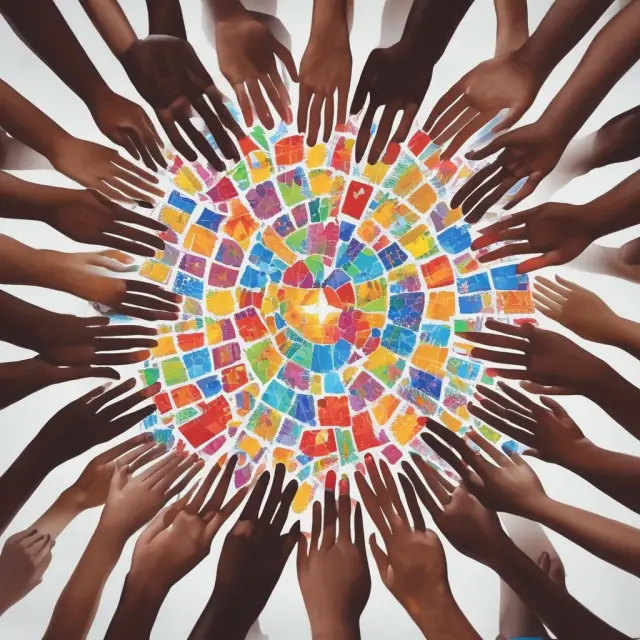 A group of diverse hands forming a mosaic puzzle, symbolizing the implementation of affirmative action policies