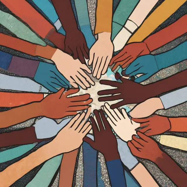 A diverse array of hands weaving together a tapestry, representing unity and progress through affirmative action policies