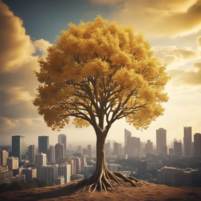 Golden tree growing with each step: FFO transformed into AFFO through rent increases and capital expenses.