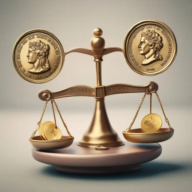 Golden scale with coins labeled 