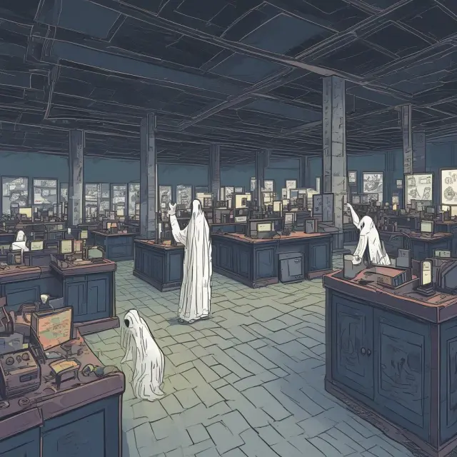A haunting trading scene, depicting market participants as ghosts and fluctuating bid-ask spreads in an empty after-hours trading hall