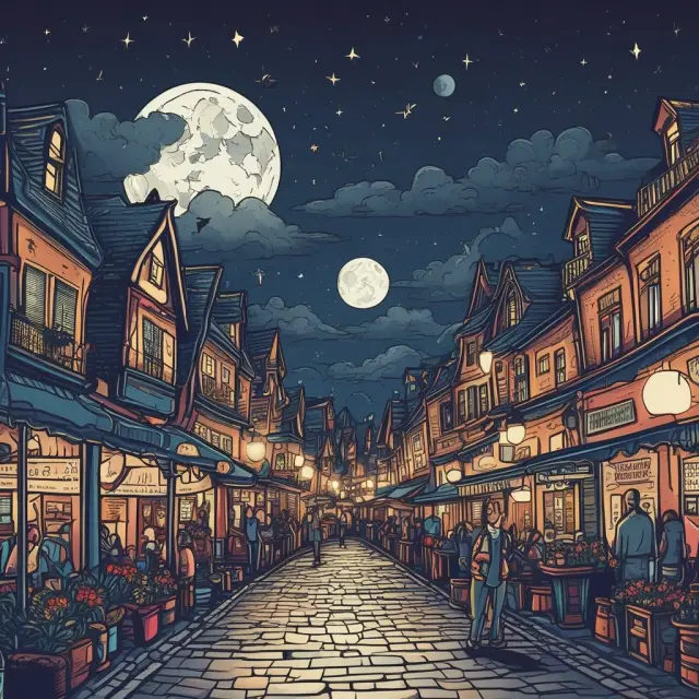 A tranquil night scene of an after-hours trading marketplace with investors interacting with electronic communication networks (ECNs)