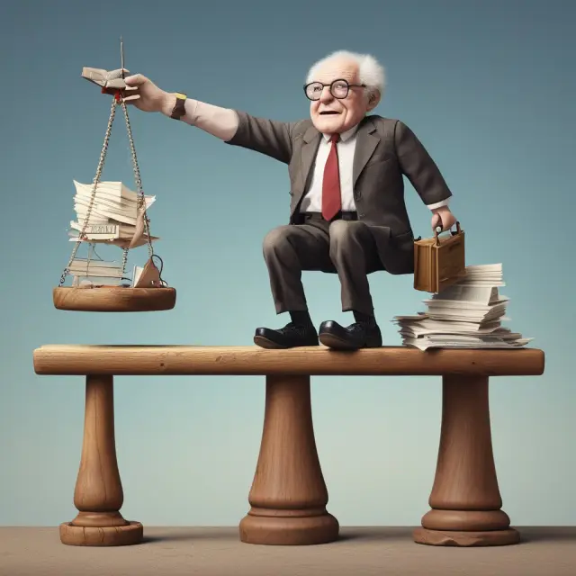 Elderly man contemplating taxes and retirement accounts on a seesaw, with Forms 1040 and 8606 nearby.
