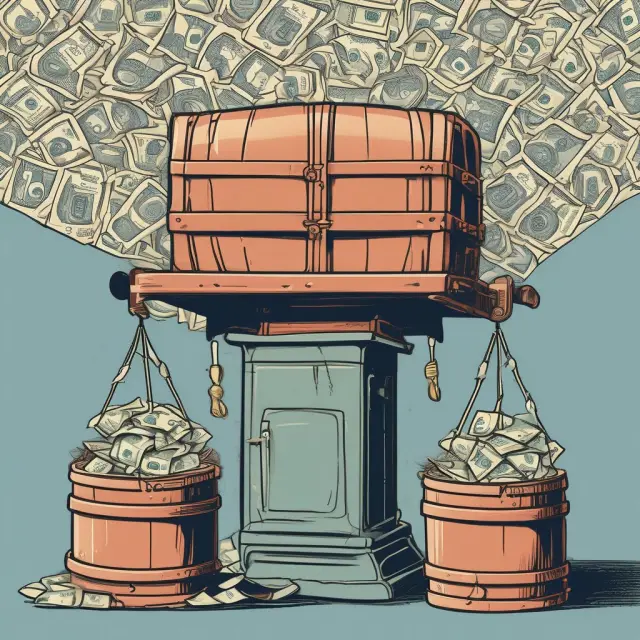 A visualization of calculating after-tax income for businesses: Scales balance revenues against taxes, with the surplus tipping into a company