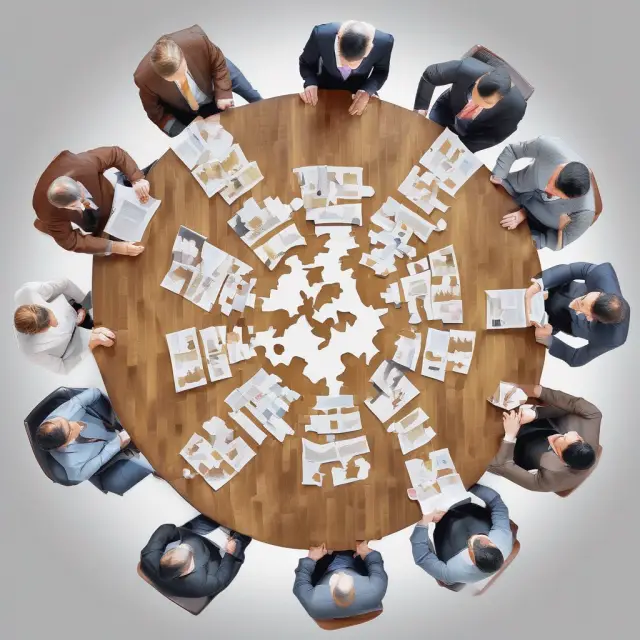 An image of a wooden table adorned with intricately carved figures representing the managing and supervisory boards, working together to build and shape an AG as a complex puzzle.