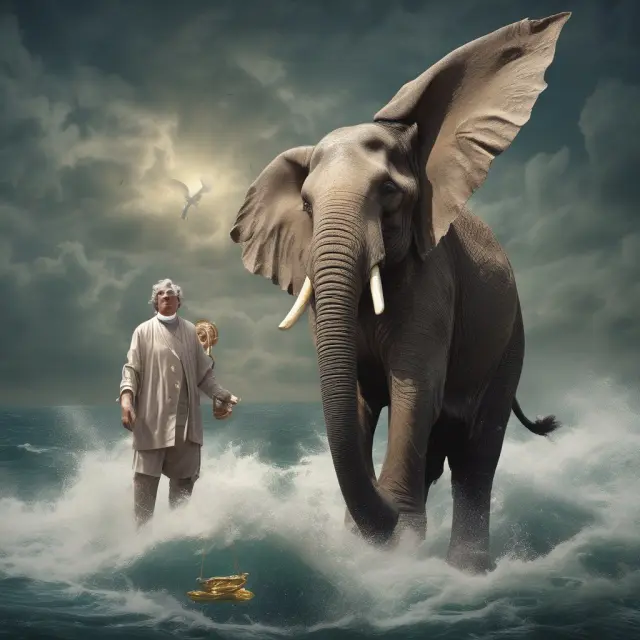 An angel helps steer an elephant through troubled waters as it carries a will, coins, and documents, illustrating agency by necessity managing estate planning tasks.