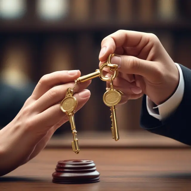 A judge hands a golden key to a compassionate guardian, granting them temporary agency by necessity to manage finances in an emergency scenario