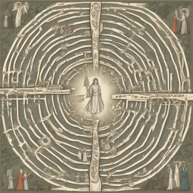 Angelic figure in a maze with family trees representing stakeholders, ensuring ethical decisions while maintaining trust.