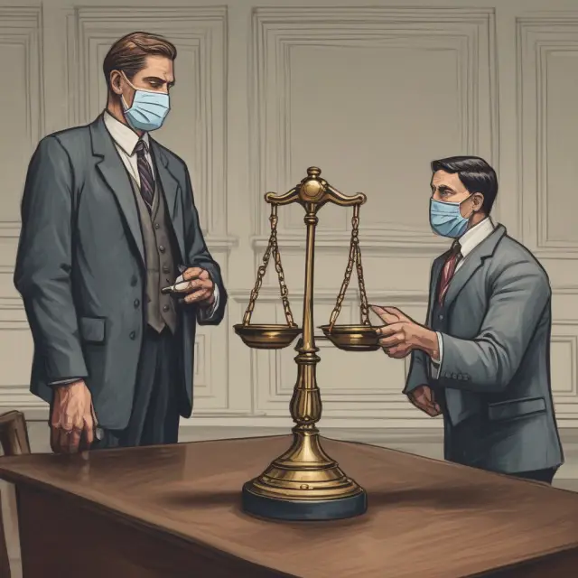 A principal scrutinizes an agent wearing a mask before a balanced scale, representing the tensions and potential conflicts of interests within principal-agent relationships.