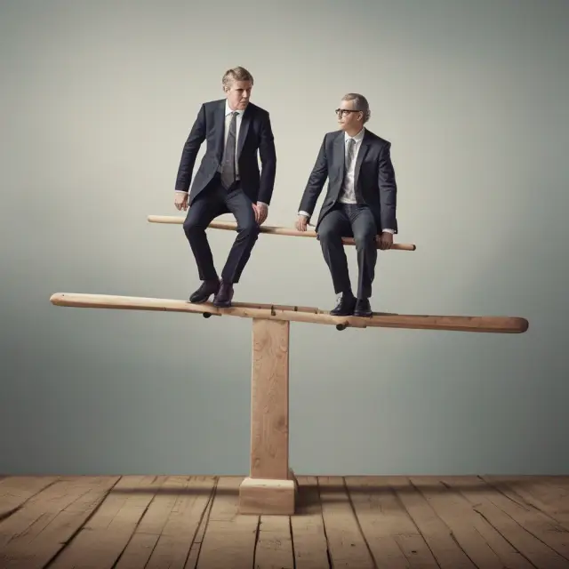 A seesaw represents the dynamic relationship between shareholders (principals) and managers (agents) with conflicts of interest. Balance signifies the need to maintain equilibrium.