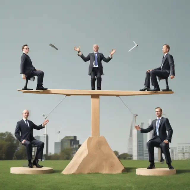 Three figures - shareholder, manager, and regulator - in balance on a seesaw, demonstrating the importance of alignment in managing agency costs.