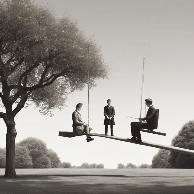 Two figures, one representing the principal and another as an agent, balancing on a seesaw. They strive for equilibrium while grappling with conflicting interests.