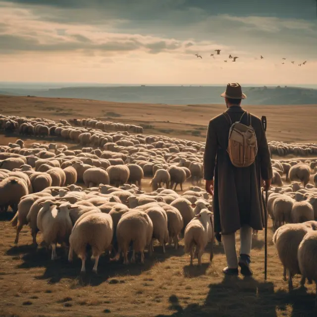 A shepherd carefully guiding his flock, symbolizing fiduciary duty in the financial world. Ensuring client