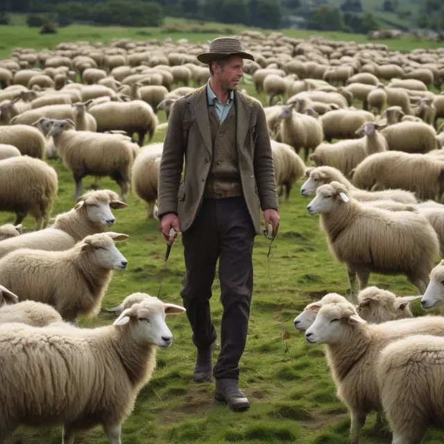 Shepherd and sheep on a lush pasture, symbolizing the complex relationship between principals and agents navigating agency problems