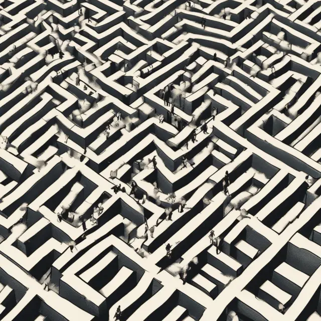 An image of a principal and an agent navigating a complex maze, guided by contracts, transparency, and communication.