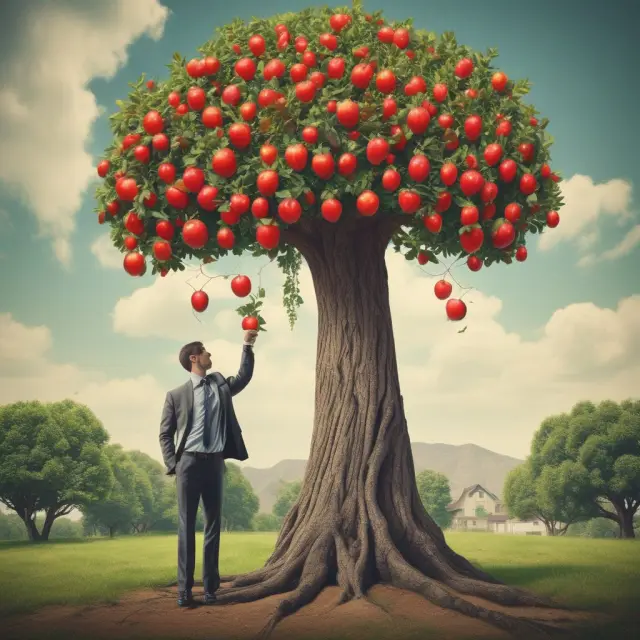 A tree representing a principal bears fruit for an agent to tend, symbolizing conflicting priorities in financial relationships