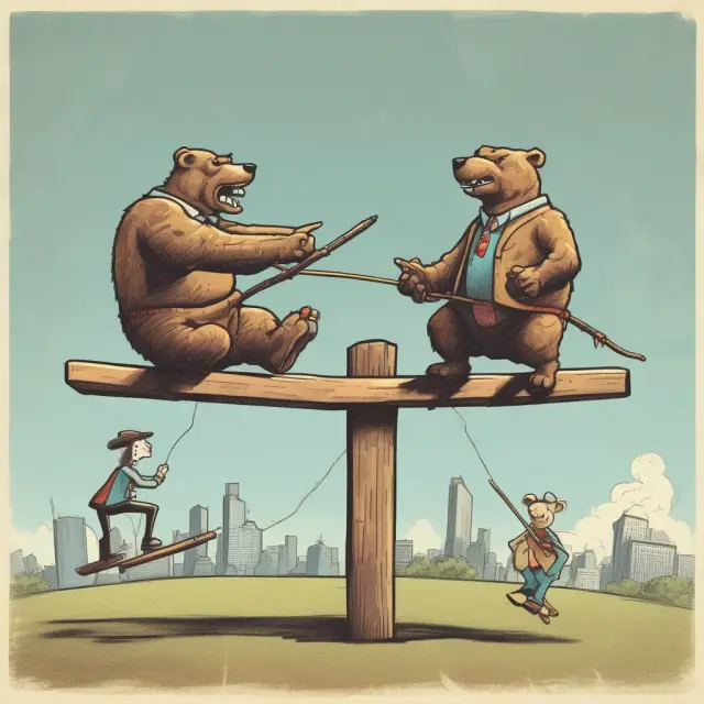 A principal bull and agent bear sit facing each other on a seesaw, illustrating the tension between their opposing goals and risk tolerances in finance