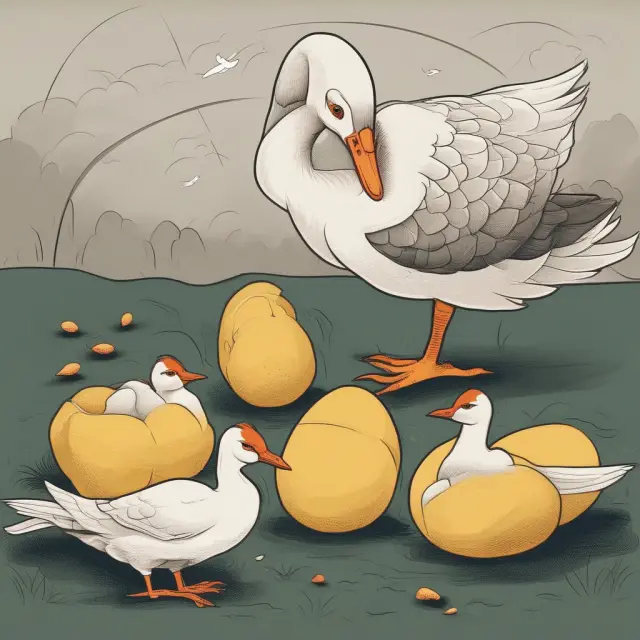 A principal goose lays golden eggs while a fox guards it, representing the principal-agent problem and contrasting long-term and short-term goals.