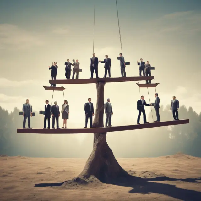 Two figures on a seesaw representing executives and shareholders in a metaphorical depiction of the balance between stock option incentives and shareholder returns.