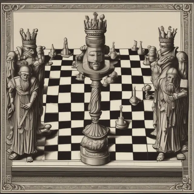 Ancient chessboard symbolizing principal-agent conflicts. Two conflicting kings face off, with a balance scale supervising the game.