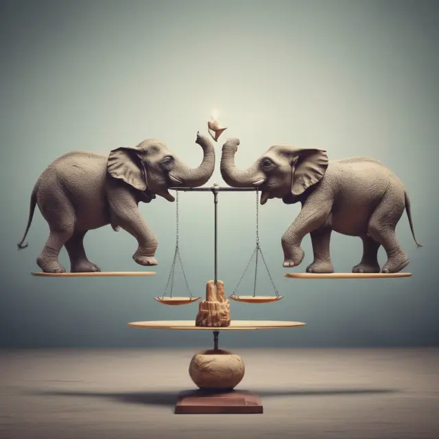 Two majestic elephants representing employers exchange responsibility for an intricate balance scale, symbolizing the risk management process of aggregate stop-loss insurance.