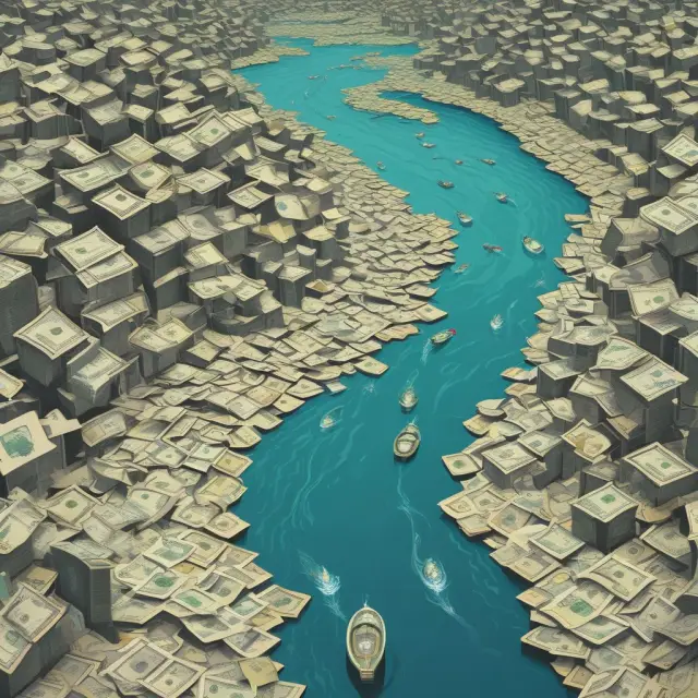 Currency flowing into an island representing economic activity, emphasizing aggregate demand