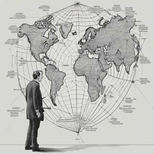 An institutional investor examines a detailed world map with aggregated demand indicators, economic cycle phases, and key investment sectors highlighted