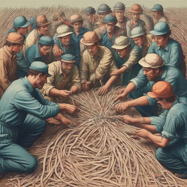 Workers and innovators weaving an elastic band that symbolizes aggregate supply, with taxes, subsidies, and inflation represented by different forces tugging at it