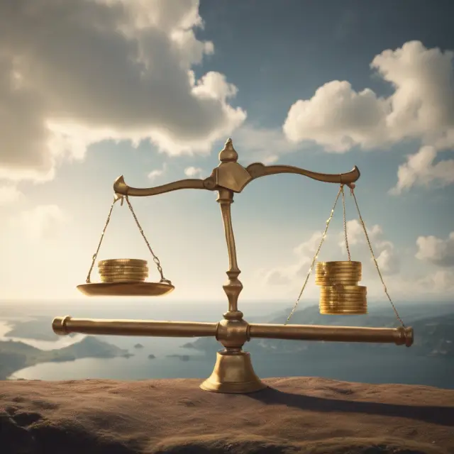 Golden seesaw balancing aggressive investment allocation against transaction costs. Illustrates the delicate balance in aggressive strategies.