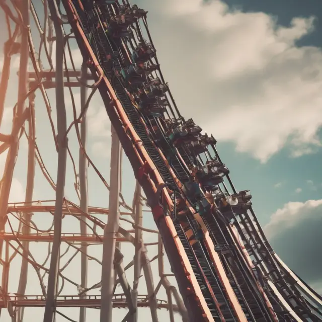 Roller coaster depicting the ups and downs of aggressive investment strategies, with stocks as ascending peaks and bonds as stable dips, emphasizing risk and potential rewards