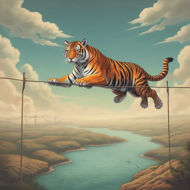 A long-term investment horizon represented by a tiger balancing on a tightrope, maintaining equilibrium with a diverse portfolio and the guidance of a financial advisor