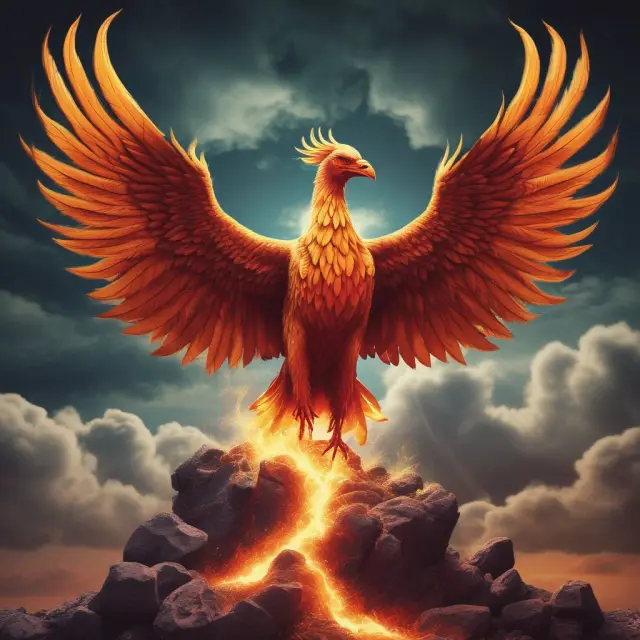Image of a mythical phoenix emerging from a sea of fluctuating stock charts, symbolizing aggressive investment strategies.