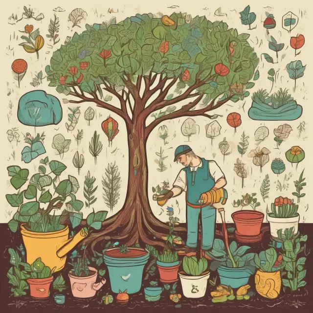 A gardener lovingly tends to a flourishing garden, symbolizing various financial components: wages, dividends, capital gains, interest, rents, and royalties