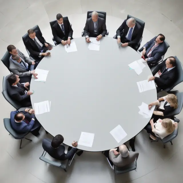 Image of shareholders discussing an AGM agenda at a circular table. Includes symbols for meeting minutes, financial statements, ratification, and elections.